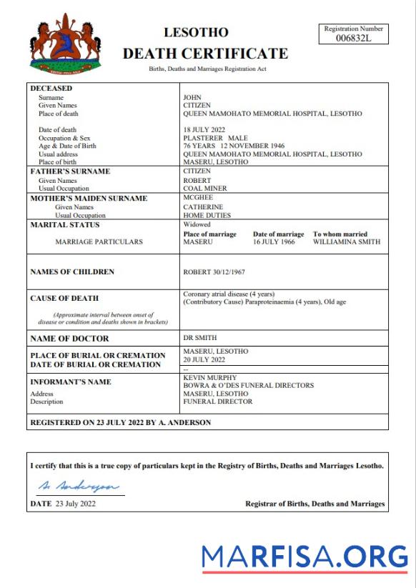 Downloadable Lesotho vital record death certificate Word and PDF template